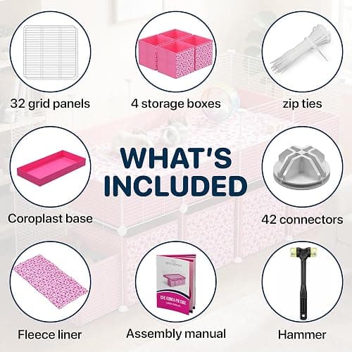 TINY ROYALS 32 Panels 2x4 Pink C&C Cage for Guinea Pigs with Stand 56x28 in Space-Saving 5mm Waterproof coroplast Washable Fleece Liner and 4 Storage Boxes Small Animal Playpen Bunny Cage Hedgehog thumbnail 3