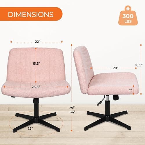 NEO Chair Criss Cross Chair No Wheels Armless Cross Legged Office Desk Wide Comfy Vanity Makeup Chair Adjustable Computer Task for Home Office Fabric (Pink) thumbnail 2