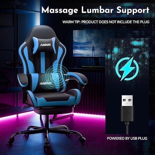 NIONIK Gaming Chair, Ergonomic Computer Chair with Footrest and Lumbar Support, Height Adjustable Game Chair with 360°-Swivel Seat and Headrest and for Office or Gaming BlackBlue thumbnail 6