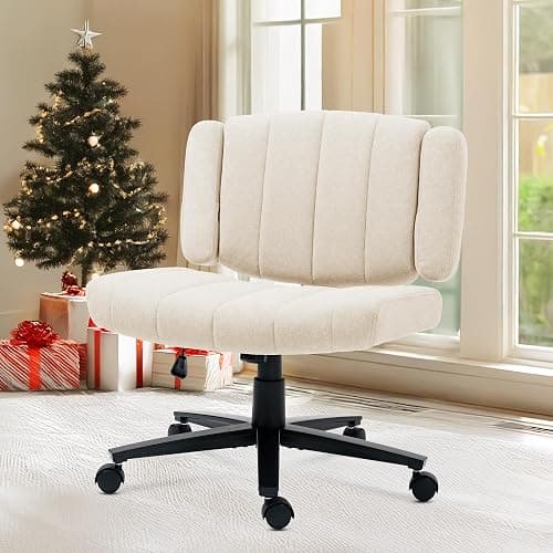 Vigosit Criss Cross Chair with Wheels – Comfortable Vanity Chair, Wide Rolling Cross Legged Office Chairs with Arms, Adjustable Desk Chairs Comfy for Home Office, Swivel Task (White) thumbnail 2
