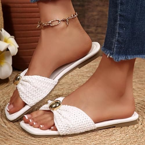 Merking Women's Flats Sandals Raffia Woven Knot Slide Sandal Square Open Toe Summer Casual Shoes for Daily Vacation Beach thumbnail 3