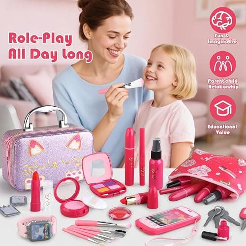 Woumserta Girl Gift Pretend Makeup for Toddlers 3-5 4-6, Fake Makeup Set with Cat Commetic Case, Play Makeup for Kids Age 3 4 5 Year Old, Toddler Make Up Kit for Little Girls Birthday thumbnail 5