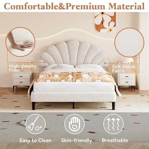 BTM Upholstered Double Bed 4FT6-135x190cm, Double Bed Frame with Adjustable Petal-like Headboard and Solid Wood Slat, Velvet, Beige - 135x190cm - Beige thumbnail 4