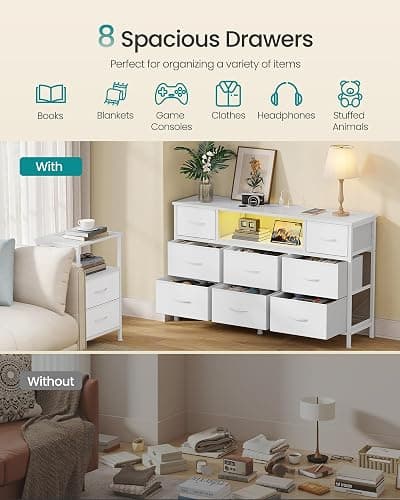 SONGMICS Dresser for Bedroom with Outlets & LED Lights, 8 Fabric Drawers | TV Stand for TVs Up to 55 Inches, Chest of Drawers with Steel Frame, Cloud White, BELLAH Collection ULGS433WH02S thumbnail 6