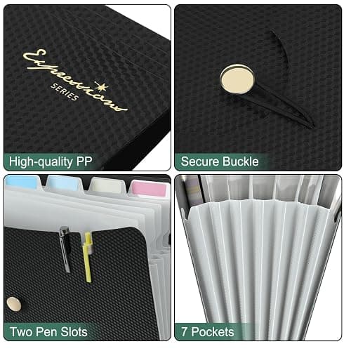 Sooez 7 Pocket Accordion File Organizer, Premium Expanding File Folder | Letter Size Folders for Documents, Sleek Filing Folders with Bungee Closure, Portable Folders School Office Supplies, White thumbnail 6