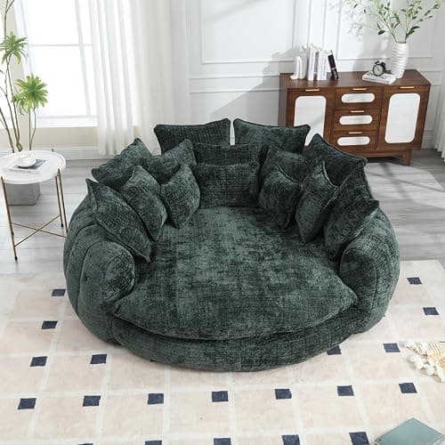 Oversized Round Chaise Lounge Chair, 81.1in Extra Wide Round Accent Chair for 2 People, Upholstered Barrel Chair, 14 Pillows, Comfy Cloud Daybed Lounge Fluffy Sleeper Sofa Chair, Living Room - L1056-green - 2 Seat-81.1in thumbnail 3