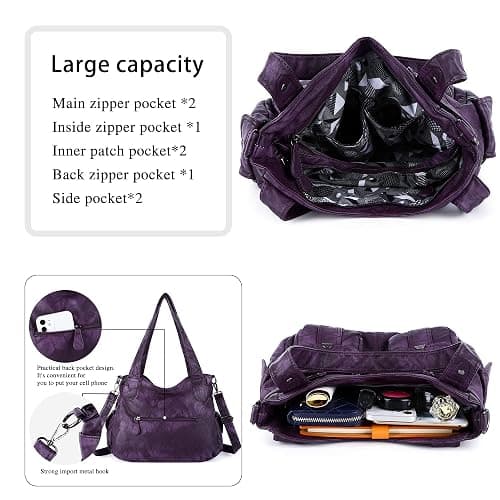 Angel Kiss Women's Designer Handbag Large Double Zipper Multi Pocket Washed Leather Purse thumbnail 2