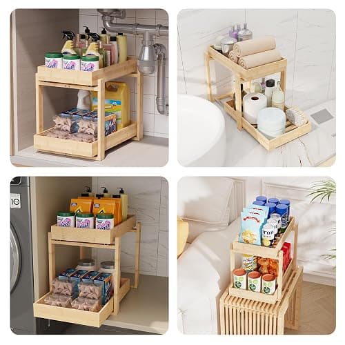 LONTAI Bamboo Wood Under Sink Organizer 2 Pack, Pull Out Cabinet Organizer 2 Tier Under Sink Organizers and Storage with Sliding Drawer Sturdy Easy Assembly for Kitchen Bathroom Undersink, Natural thumbnail 5