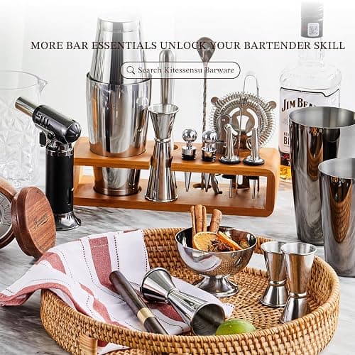 KITESSENSU Cocktail Shaker Set Bartender Kit with Stand | Bar Set Drink Mixer Set with All Essential Accessory Tools: Martini Shaker, Jigger, Strainer, Mixer Spoon, Muddler, Liquor Pourers |Silver thumbnail 6