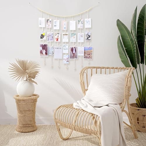 KLOGTSIND Hanging Photo Display, Macrame Wall Decor with Lights, 50 Clips | Boho Wood Beads Banner, Picture Christmas Card Holder with String Lights for Room Dorm Nursery Decor, Teenage Teen Girl Gifts thumbnail 4