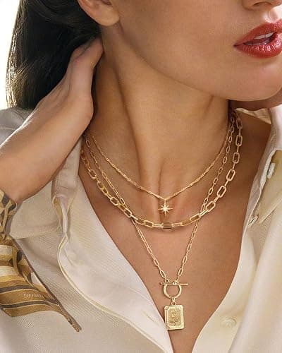 MJartoria Layered Necklaces for Women Trendy, 14K Gold Plated Brass Simple Star Choker Square Flower Pendant Necklace, Paperclip Chain Necklaces Jewelry Gifts thumbnail 2