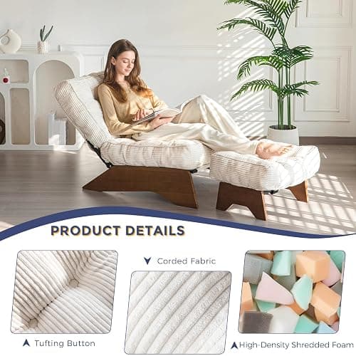 MAXYOYO Accent Chair with Ottoman Adjustable Backrest, Tufted Living Room Chair Upholstered Lounge Chair with Footrest Set, Modern Chair Cozy Reclining Chair for Reading Room, Beige thumbnail 5