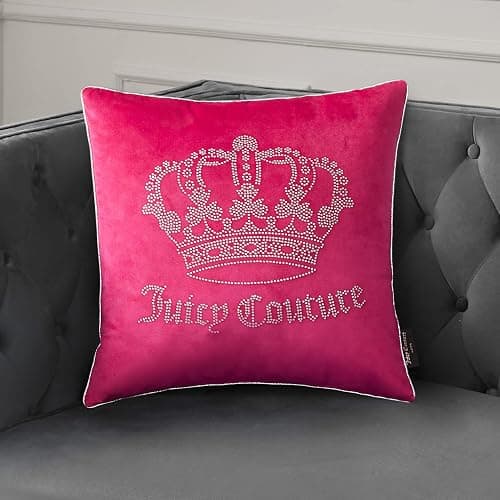 Juicy Couture Square 1-Piece Living Room and Bedroom Décor, Premium Throw Pillow, 20"x20", Hot Pink Rhinestone Crown - Image 1