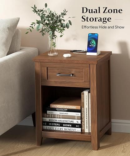 Decofy Farmhouse Nightstand with Charging Station, Walnut | AC Outlets, USB And Type C Ports, Drawer Storage, Open Shelf, Modern End Table For Bedrooms and Living Rooms thumbnail 4