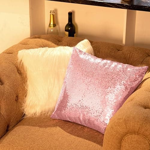 Irenare 4 Pcs Sequin and Fluffy Pillow Covers Winter Throw Pillow Cases Soft Cushion Cover for Couch Bed Sofa Xmas Day(18 x 18 Inch,Pink, White) thumbnail 5