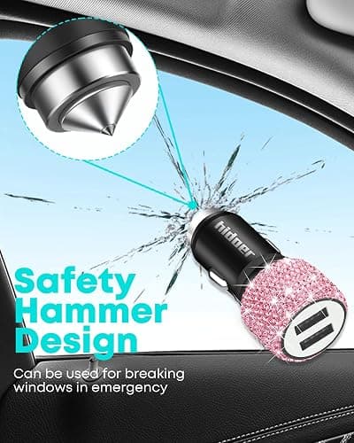 Bling USB Car Charger 5V 2.4A Pink Crystal Decor Dual Port Fast Adapter with 4ft Nylon Type C Micro USB 3 in 1 Multi Charging Cable for iPhone iPad Android, Auto Interior Accessories for Women - Pink thumbnail 2