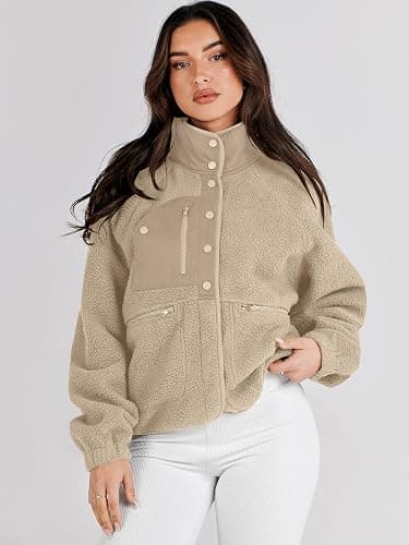ANRABESS Womens Fuzzy Fleece Jacket Fall Casual Long Sleeve Cropped Sherpa Button Down Shacket Coats Outwear With Pockets thumbnail 4