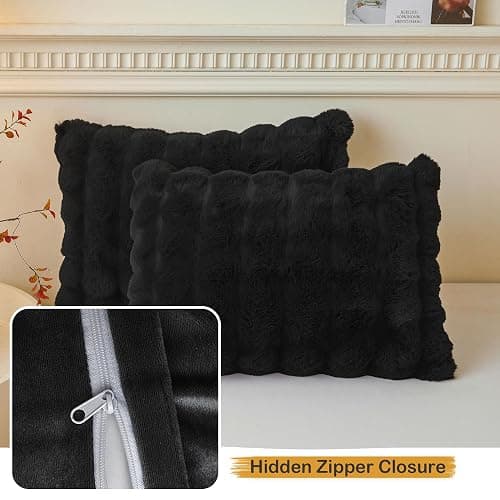 LIFEREVO 2 Pack Fluffy Faux Rabbit Fur Pillow Cases, Luxury Soft Plush Shaggy Bubble Pillowcases Standard Size with Zipper Closure, Furry Fuzzy Long Pillow Shams for Bedroom Living Room 20x26, Black thumbnail 6