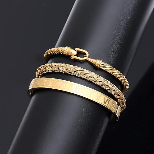 WFYOU 3PCS Stainless Steel Bracelets for Men Gold Roman Numeral Bangle Bracelet Twisted Cable Bracelet Adjustable Cuff Bracelet Mens Luxury Jewelry Bracelets Gifts thumbnail 7