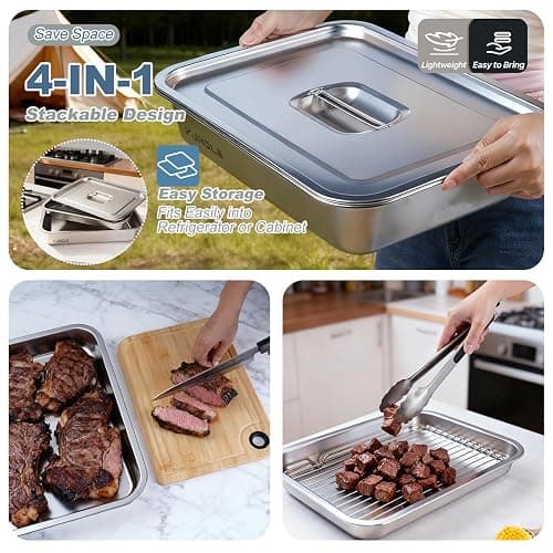 YJHOLE Grilling Prep and Serve Trays,Stainless Steel Large Capacity Food Prep Trays with Lid, Cutting Board Cooling Rack Food Tongs and Cleaning Brush,BBQ Accessories Gift thumbnail 8