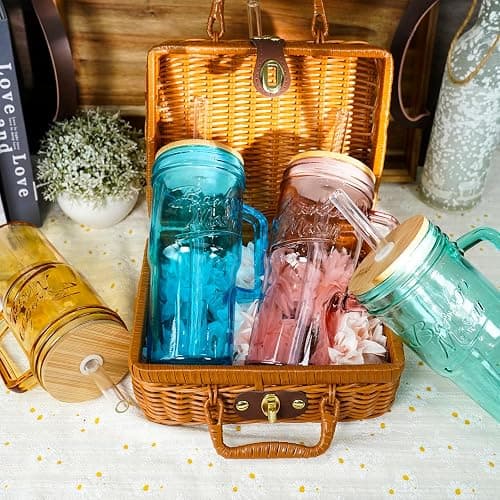 ANOTION Colored Glass Cups with Handle Set of 4, 24oz Glass Cups with Lids and Straws Travel Coffee Mug Bamboo Mason Jar Iced Cup Smoothie Tea Clear Cute Water Drinking Jars Glasses thumbnail 8