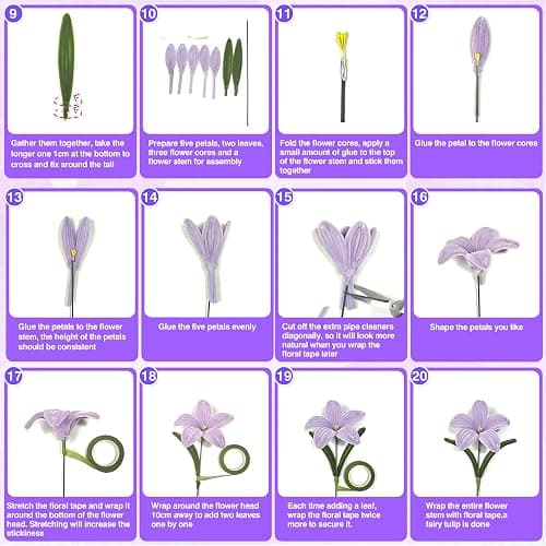LINAYE 500 PCS Pipe Cleaners Craft, 6 Colors Pipe Cleaners Flowers Kit, Chenille Stems for Crafts with Instruction Wrapping Paper, Flower Stamens, Stems Art and Craft Supplies Purple thumbnail 9