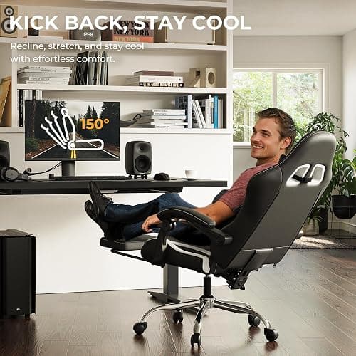 Dowinx Ergonomic Gaming Chair with Footrest, Heavy Duty 330lbs Office Chair, Massage Lumbar Support, Adjustable Height & Headrest Pillow, Comfortable for Back Pain Relief Streaming Long Gaming White thumbnail 5