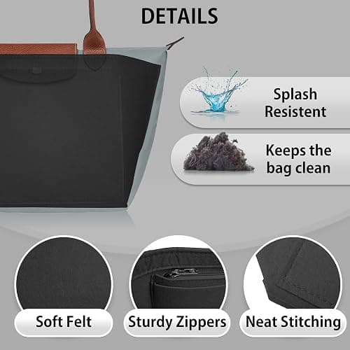 HomeGadget Organisateur de Sac à Main pour Longchamp Taille L - Organiseur Le Pliage pour Shopper - Organizer pour Femme en Feutre - Noir thumbnail 6