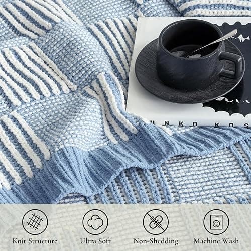 Amélie Home Checkered Knit Throw Blanket for Couch, Chenille Texture Decorative Soft Blanket for Sofa & Chair, 50"x60", Blue & White thumbnail 4