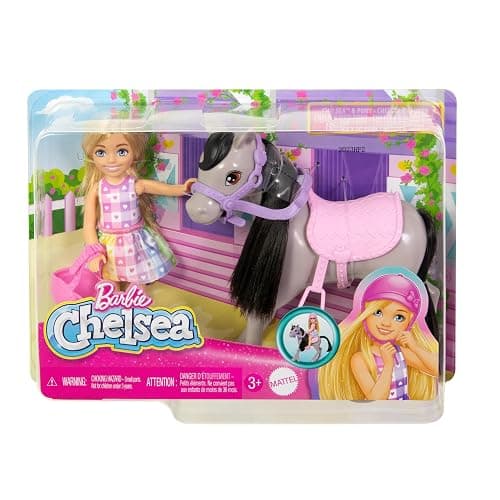Barbie Chelsea und Pony Puppe und Pony - Aufsatteln zur Spielzeit für sicheres Sitzen auf dem Pferd, rosa Sattel und Steigbügeln, inklusive Helm und süßem Karo-Kleid, für Kinder ab 3 Jahren, HTK29 thumbnail 6