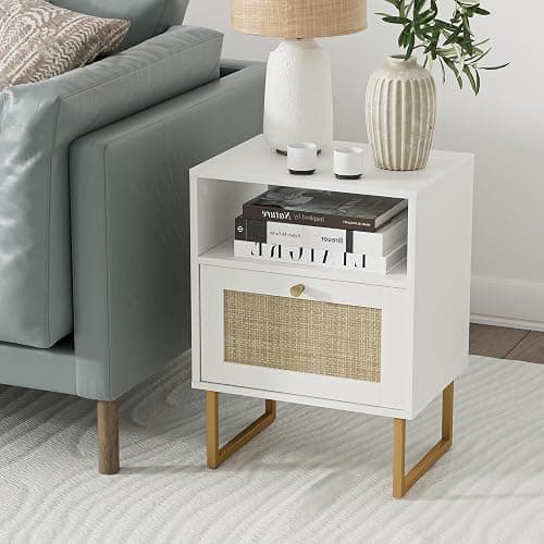 Masupu Rattan Nightstand,Modern Boho Farmhouse Wood Bedside Table with Storage Drawer and Open Shelf,Small Gold Frame Side End Table for Bedroom,Living Room,Office(White) thumbnail 3