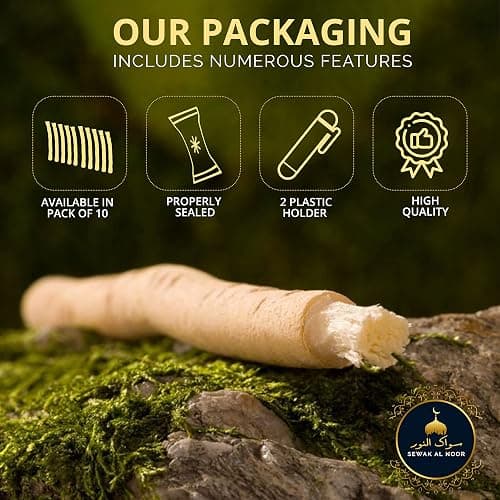 Sewak Al Noor Pack of 10 Miswak Sticks for Teeth with Holder - Vacuum Sealed Natural Flavored Chew Sticks for Humans - Natural Toothbrush for Teeth Whitening, Oral Health & Fresh Breath || Pack of 10 thumbnail 2