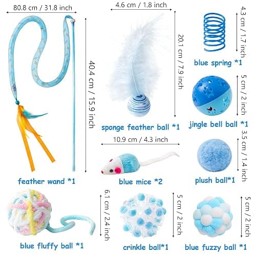 MALLMALL6 10Pcs Cat Toy Set Including Cat Springs Feather Teaser Wand Mice Crinkle Balls and Pet Bell Balls, Puzzle Interactive Pet Gift Pack Toys for Indoor Kitten (Blue) thumbnail 2