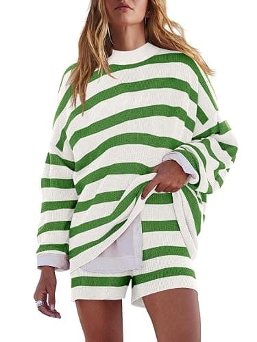 LAMISSCHE Womens Oversized Lounge Sets 2 Piece Outfits Striped Matching Pajama Set Long Sleeve Sweater Set - Image 1