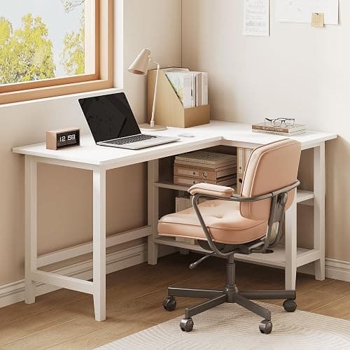 IOTXY 45" Reversible L-Shaped Office Desk with Storage Shelves, White | Solid Rubberwood Legs, 0.6" MDF Desktop, Reversible 2-tier Shelves, Compact Corner Computer Table for Small Spaces thumbnail 8