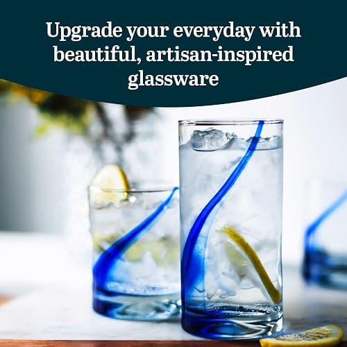 Libbey Tumbler and Rocks Glass Set, Infused Blue Ribbon Drinkware Glasses Set,, Artisan Inspired Four-Dimple Shaped Rock Glasses, Dishwasher Safe Tumbler Glasses Set thumbnail 4
