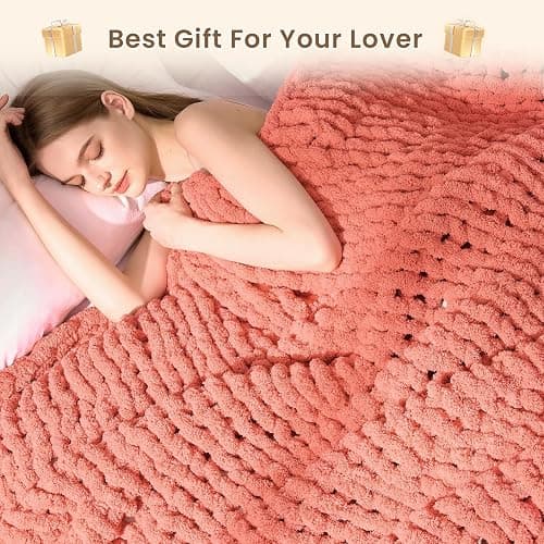 L'AGRATY Chunky Knit Blanket Throw: 50''x60'' Chenille Chunky Knitted Throw Blankets for Bed Couch - Handmade Thick Cable Knit Blanket - Large Crochet Rope Blankets for Home Decor(Coral Pink) thumbnail 7