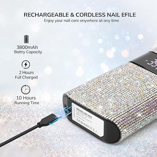 Professional Rechargeable Nail Drill Machine, Lavinda Diamond 35000RPM Electric Nail File Cordless Portable Nail Drill with Coreless Motor for Acrylic Nails, Manicure Pedicure Tool, Crystal Diamond thumbnail 4