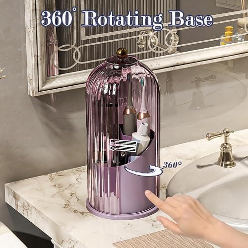 Zufudo Dustproof Toothbrush Holders with Cover, Rotating Electric Toothbrush and Toothpaste Holder for Bathroom Countertop, 3 Slots Makeup Brushes Organizer, All Pink thumbnail 3