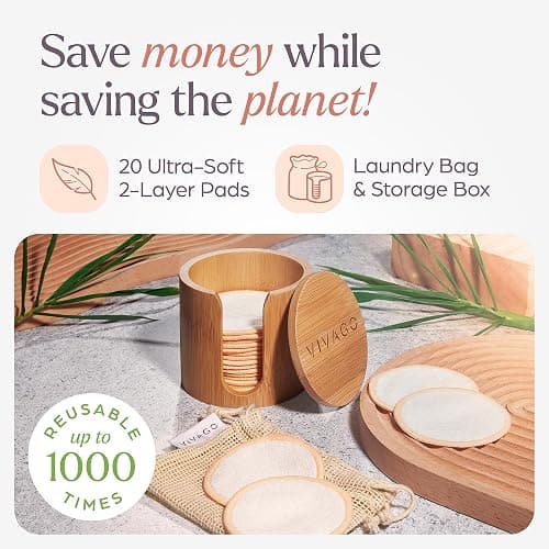 VIVAGO Reusable Cotton Rounds for Face - (20 Pack) Soft Reusable Makeup Remover Pads with Washable Drawstring Laundry Bag & Bamboo Holder - All Skin Type Skincare Set Facial Cleaning Cloth thumbnail 2