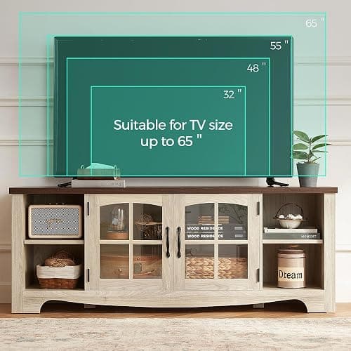 LINSY HOME Farmhouse TV Stand for 65 Inch TV, Wood Entertainment Center with Glass Door Storage Cabinet & Adjustable Shelves, Large Sturdy TV Console Table for Living Room Bedroom thumbnail 4