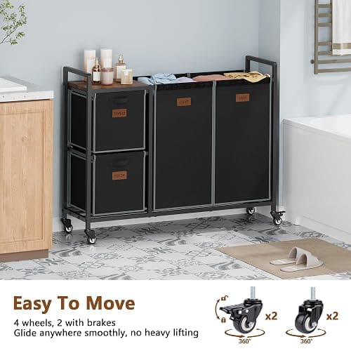 Hoctieon 4 Section Laundry Cart, 48 Gal. (182L) Laundry Hamper with Lid, Laundry Basket with Wheels, Rolling Laundry Sorter Organizer with Shelf, Clothes Separator with Removable Bags, Black thumbnail 7