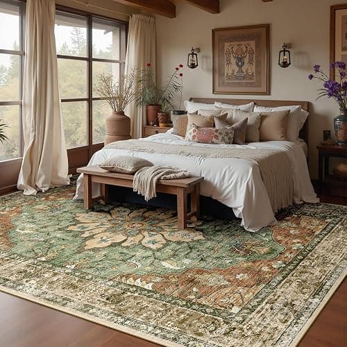 RELEANY Area Rugs 9'x12' Washable Non-Slip, Floral Vintage Distress Print Pattern Medallion Carpet for Living Room Bedroom Dining Room, Brick Red Rust Neutral Brown Burnt Orange Green thumbnail 2