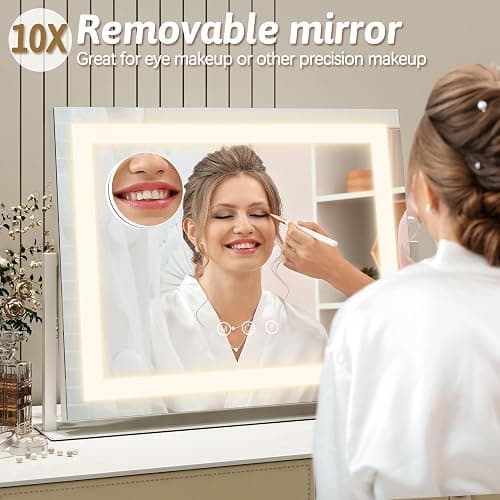 ROLOVE Vanity Mirror with Lights 22"x18", Lighted Makeup Mirror with 10X Magnification, Smart Touch 3 Colors Dimmable, 360° Rotation, Women Gift, Dresser Mount, Bathroom (White) thumbnail 6