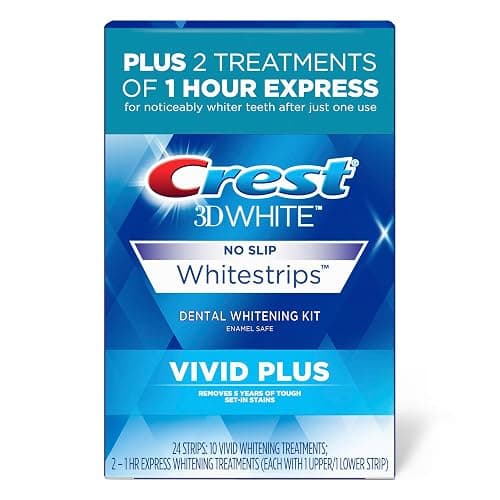 Crest 3DWhitestrips Vivid Plus Whitestrips 3D White, 10 Treatments + 1 Hour Express 2 Treatments Teeth Whitening Kit, 8 Levels Whiter, Crest Teeth Whitening Strips - Image 1