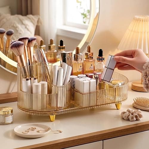 Booklov Rotating Makeup Organizer for Vanity, Large Capacity Cosmetic Display Case, Clear Acrylic Countertop Beauty Storage Holder for Skincare, Brush Eyeshadow Lipstick, Counter Desk, Crystal Amber thumbnail 4
