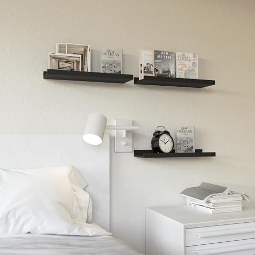 RICHER HOUSE 3-Set Floating Shelves with Lip, Black Small Wall Shelf, 16In | Display Picture Ledge Shelf, Anti-drop lip Shelf for Room Wall Decor, Bedroom Bathroom Storage Nursery Books, Easy Setup,Wood thumbnail 2