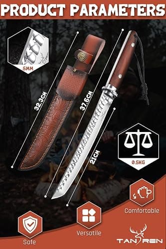 TAN REN Hunting Knife with Sheath, 8.3 Inch Fixed Blade Survival Outdoor Knife with Wooden Handle for Camping, Bushcraft, Christmas Gifts for Men thumbnail 5