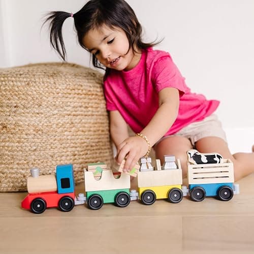Melissa & Doug Wooden Farm Train Set - Classic Wooden Toy (3 Linking Cars) thumbnail 2