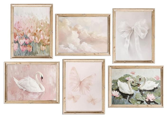 6Pcs Coquette Wall Art Pastel Pink Trendy Canvas Bow Posters White Swan Preppy Painting Butterfly Pictures Aesthetic Floral Prints Nursery Wall Decor for Teen Girls Bedroom College Dorm Unframed - Image 1